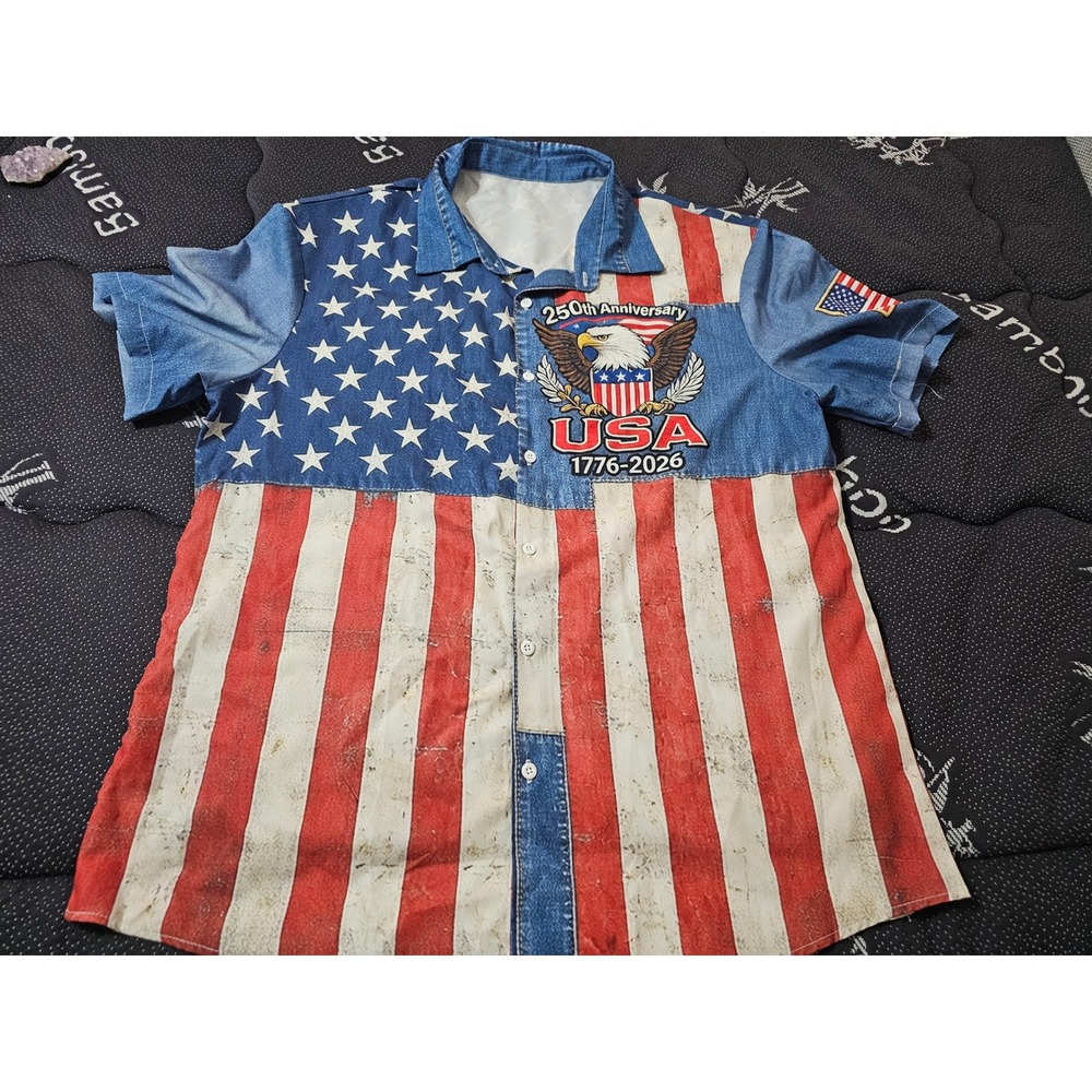 USA 250th Anniversary American Flag Eagle Button Down Shirt Mens XL Patriotic